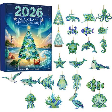 Calendrier de l'Avent 2026 style verre de mer, boîte surprise, 24 décorations à suspendre en acrylique plat, coffret cadeau pour le compte à rebours de Noël (1/5)