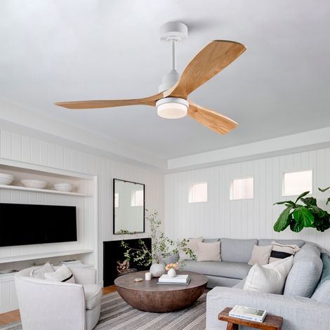Ventilateur de Plafond Silencieux 152cm avec Télécommande, Moteur DC, Pales Bois Naturel, Lumière Dimmable, Fonction Mémoire pour Décoration Salon