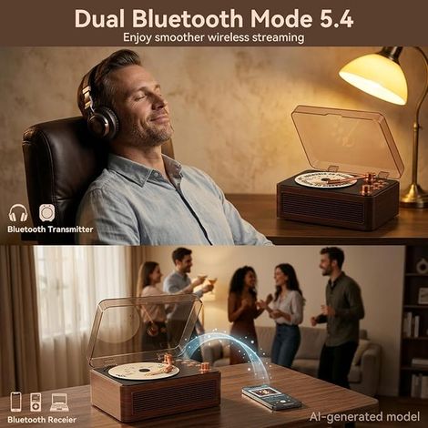 Lecteur CD Portable Bluetooth Design Rétro Noyer (1/2)