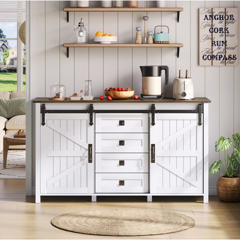 Sideboard en MDF blanc 137x40x81,5 cm, avec 2 portes coulissantes, 4 tiroirs et grand rangement (1/5)