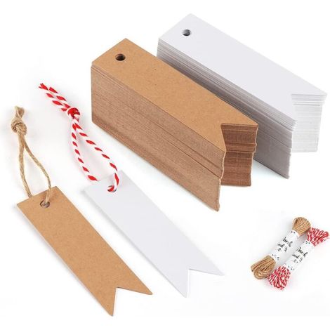 200 etichette in carta kraft, 7,2 cm, bianche e marroni, con cordino in juta naturale e cotone rosso da 20 m per regali di nozze e decorazioni per feste -Crezuo