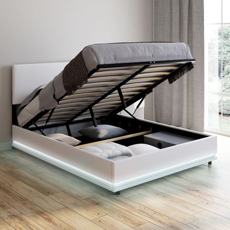 Cama arcón doble OWEN con somier y LED integrado 140 x 190 cm PVC blanco