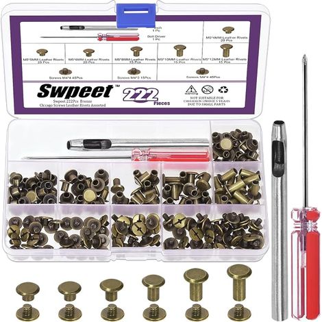 Chicago Binding Rivets 110pcs 6 Sizes M5 x 4mm/5mm/6mm/8mm/10mm/12mm Bronze with Installation Tool Kit, M5 Screw Rivets for Leather Repair (1/5)