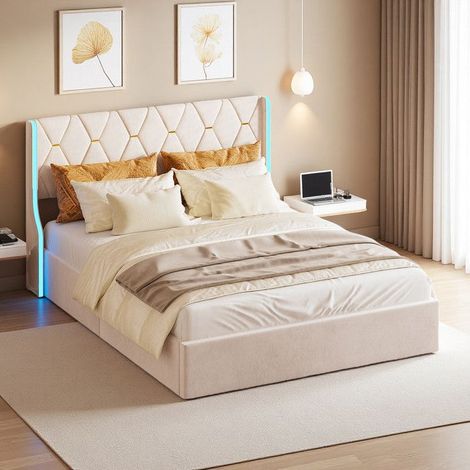 Bett 140x190 cm - Beige Velvet - LED-Beleuchtung - Hydraulischer Stauraum - 2 Plätze