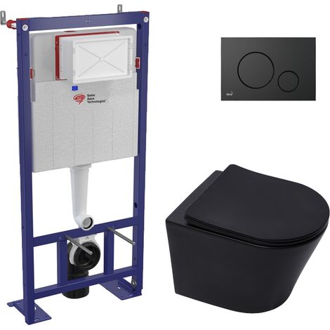 Swiss Aqua Technologies Pack WC bâti-autoportant + WC Infinitio noir mat sans bride + Abattant softclose + Plaque noire mat (SMART-BlackInfinitio-2) (1/5)