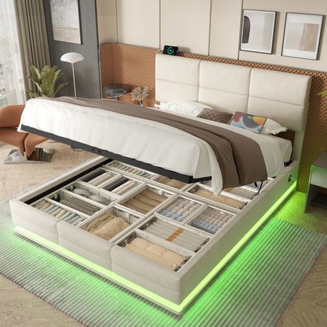 Polsterbett 180x200 cm mit Stauraum und LED-Beleuchtung, Samtbett Beige mit USB-Anschluss, hydraulischem Bettkasten & verstellbarem Kopfteil (1/5)