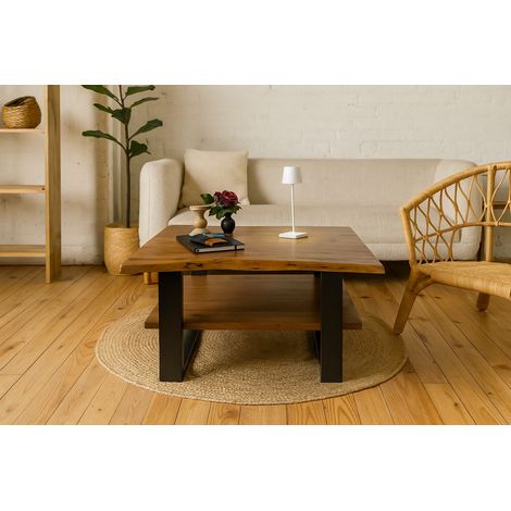 Couchtisch Baumkante 90 x 90 cm Akazie massiv + nussbaumfarben schwarz PATRICK (1/5)