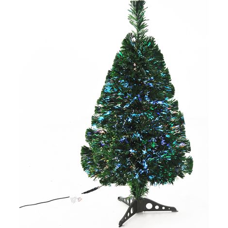 Sapin de Noël artificiel avec guirlande lumineuse, 90 cm de haut, éclairage à fibres optiques multicolores + support, 90 branches, vert