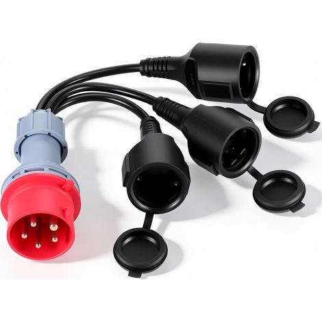 Adaptateur CEE, 400 V 16A vers 3 x 230 V Prises Schuko, Répartiteur de Courant IP44 avec Couvercle Rabattable, Câble Adaptateur CEE pour Caravane, Industrie et Extérieur (1/5)
