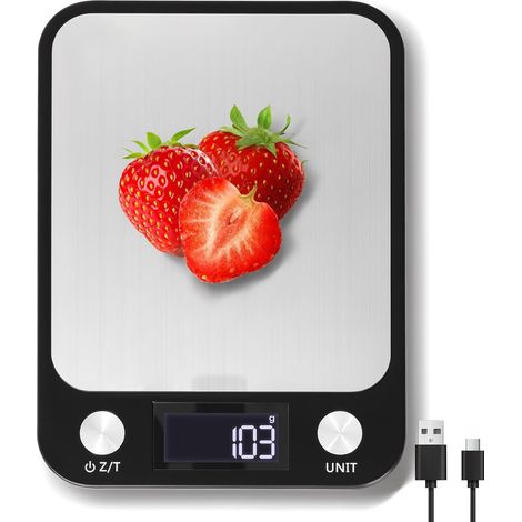 Rechargeable 1g/10kg Balance de Cuisine Numérique, Grand Plateau Balance Électronique pour Aliments avec 7 Unités et Fonction-Tare, Balance Cuisson et de Pâtisserie avec Bouton Tactile et Piles (1/4)