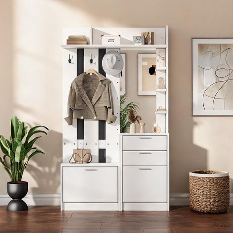 Meuble d'entrée blanc 110 x 34 x 185 cm avec miroir et rangements (1/5)
