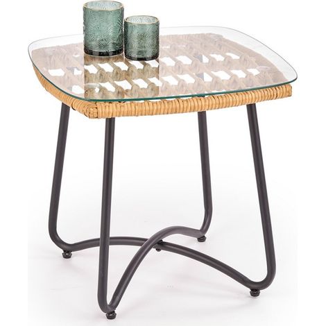 Table basse avec piètement design en acier noir et plateau en rotin et verre Cottage (1/3)