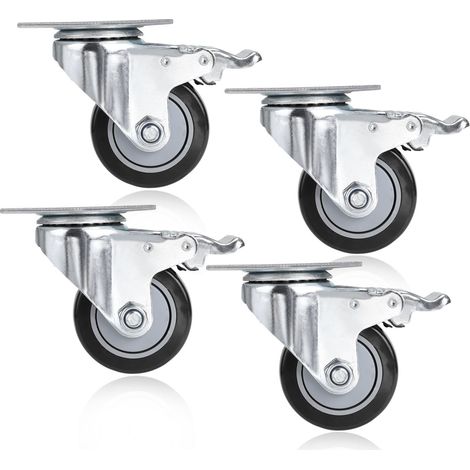COOCHEER 4pcs Ruote per mobile, 75MM Ruote girevoli con freno,Capacità di carico massima 400KG, Nero (1/5)