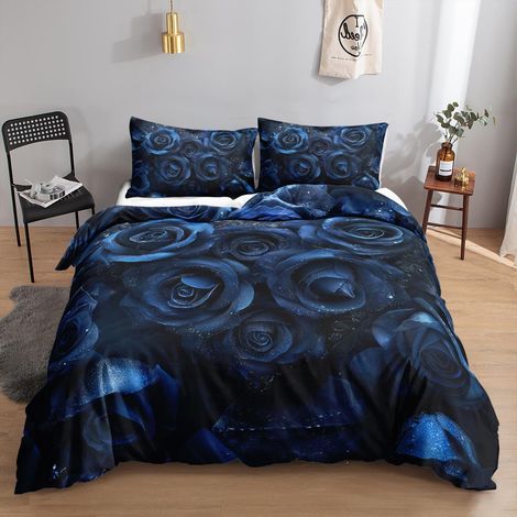Bettwäsche-Set 135x200cm mit blauen Rosen, 1 Bettbezug, 1 Kissenbezug, Mikrofaser