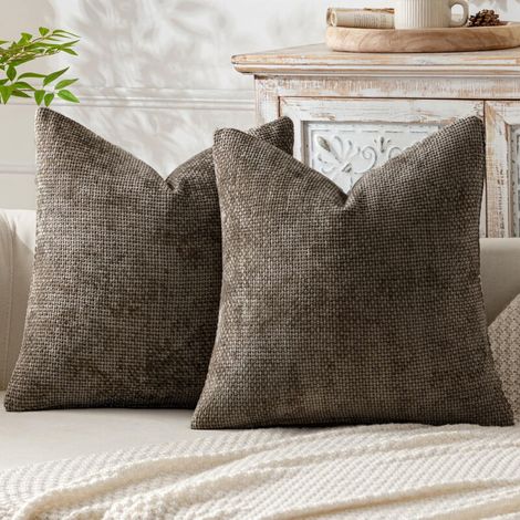 Housse de coussin de canapé marron 45 x 45 cm, lot de 2, en chenille épaisse tricotée à l'aiguille, idéale pour la chambre à coucher ou le salon (1/5)