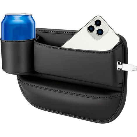 Vide Poche Voiture de Cuir, Boîte Rangement D'espace Siège D'auto Noir, Organiseur Latéral pour Siège Voiture, pour Ranger des Bouteilles d'eau, Téléphones Portables, Ordinateurs Portables (1/5)