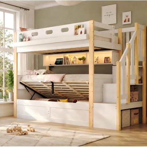 Letto a castello 90/200+90/200 cm con letto inferiore idraulico, luce LED e scale contenitore (1/5)