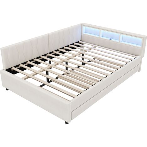 Lit de jour 140x200cm, lit de repos, canapé-lit, compartiment de rangement au lit, USB + Type C, avec bande lumineuse LED, lit gigogne avec sommier à lattes (sans matelas), lin, beige (1/5)