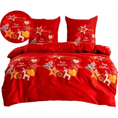 Biancheria da letto natalizia in raso di cotone 160x200 + federe con albero di Natale, bolle e pupazzo di neve (1/5)