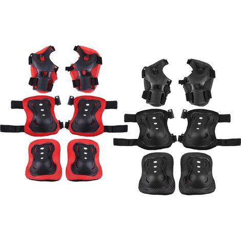 Ensemble de 6 protections sportives (genouillères et coudières) pour le cyclisme, le skateboard et l'équitation. Noir et léger. (1/5)