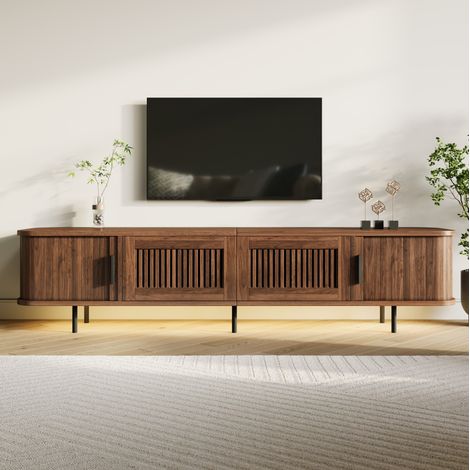 Mueble TV (180x40x44.5 cm), con cajones, puertas correderas, iluminación LED, MDF y aglomerado, color nogal (1/5)