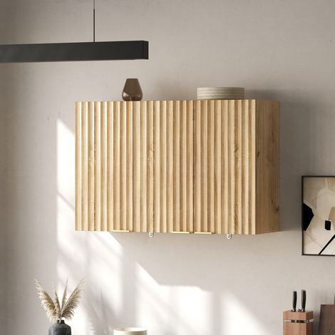 Armario de pared (90x29x60 cm), de 3 puertas, almacenamiento cerrado, diseño moderno, MDF natural (1/5)