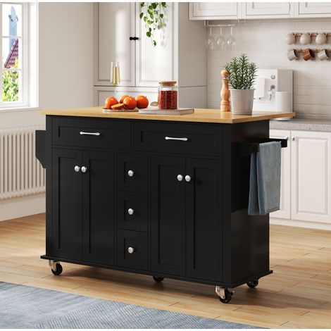 Multifunktionaler Küchenwagen mit ausklappbarer Arbeitsplatte, 120×65 cm erweiterbar, mit 5 Schubladen, Schränken, Gewürz- & Handtuchhalter, auf Rollen – Kücheninsel für Küche, Esszimmer & Wohnzimmer (1/5)