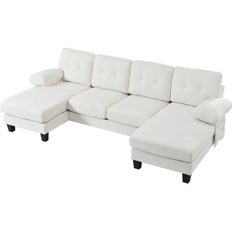 Divano U a 4 posti in ciniglia beige con chaise longue e schienale regolabile (1/5)