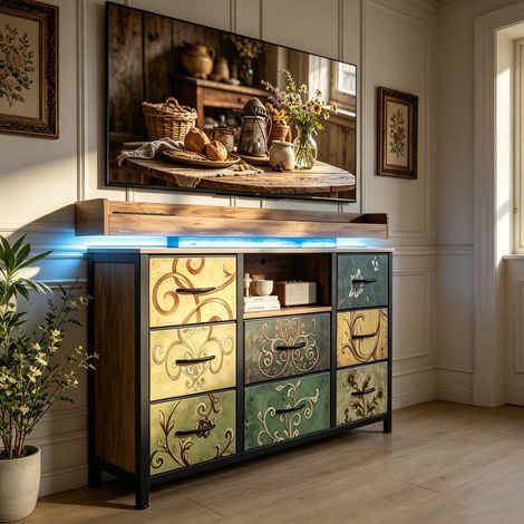 Commode avec 8 Tiroirs en Tissu, Meuble TV avec Lumière LED, Commode Chambre Adulte avec Prises de Courant -Cadre en métal, adaptée au salon, chambre à coucher