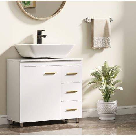 Meuble de salle de bain blanc 70 x 30 x 65 cm en MDF et panneau de particules HAVRYA (1/5)