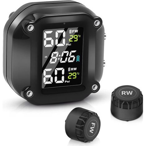 Sistema de monitoreo de presión de neumáticos TPMS para motocicletas con sensores inalámbricos y 5 modos de alarma.