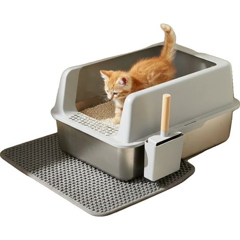 Bac à litière pour chat, design à bords hauts, en acier inoxydable facile à nettoyer, Gris et Argent, Pas de prise (1/2)