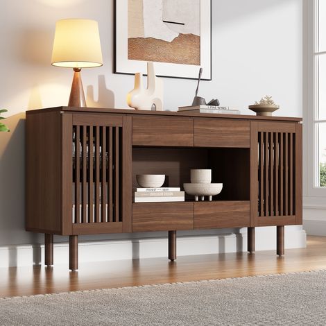 Buffet bas de salon, 140x35x71 cm, pour salle à manger et entrée, Style scandinave rétro, avec 4 tiroirs et 2 portes persiennes, en MDF, Noyer (1/5)