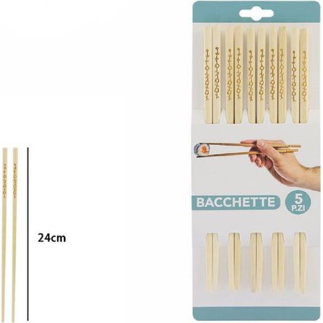 Trade Shop - Set 5 Coppie 10 Bacchette Legno Cinesi Giapponesi Posate Cucina 24cm Incise 74191 -