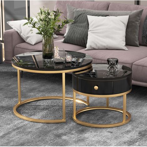 Couchtisch-Set 2-teilig rund, MDF schwarz in Hochglanz-Marmoroptik, nesting, platzsparend, 70 cm (1/5)