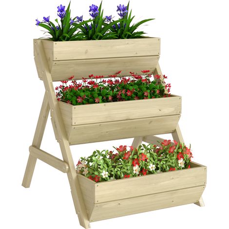 Potager surélevé vertical 3 niveaux jardinière bois bacs plantation trous drainage vert