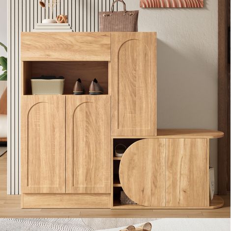 Zapatero con banco, 1 cajón, 5 puertas, nicho abierto, MDF natural OKMYHOME (1/5)