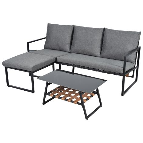 Salon de Jardin Angle Canapé Table Basse Pouf Acier Galvanisé Plateau en Verre Extérieur Gris (1/5)