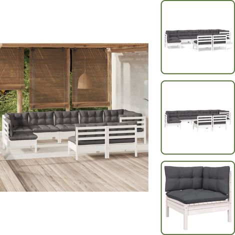 The Living Store 9-tlg. Garten-Lounge-Set mit Kissen Weiß Kiefer Massivholz - Garten Lounge Set - Kiefernholzmöbel - Outdoor Möbel - Gartenmöbel - Loungesessel (1/5)