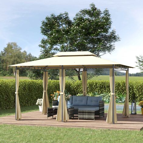 Gazebo de jardin 3x4m avec rideaux et toit à 2 niveaux, blanc crème