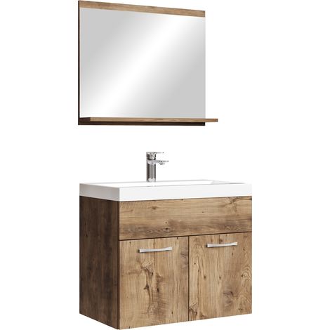 Badplaats – Meuble double vasque suspendu 60 cm – Chêne marron – Vasque en résine blanche avec trop-plein – Miroir 60 x 12 x 50 cm avec tablette (1/5)