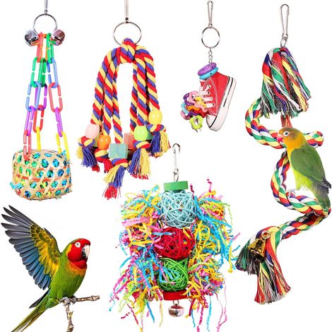 Jouets pour oiseaux avec perchoir en corde – Idéaux pour les perruches, les conures, les calopsittes, les perruches ondulées et les inséparables (à déchiqueter et à chercher leur nourriture). (1/5)