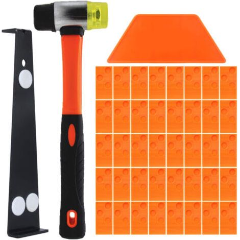 Kit de pose pour parquet stratifié. Ce kit comprend 40 cales d'espacement, une tige de traction robuste et un marteau en fibre de verre à manche souple et antidérapant. (1/5)