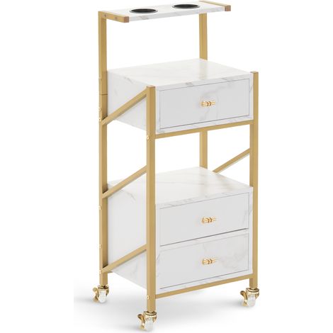 M MCombo Friseurwagen mit Rollen & 3 Schubladen, Rollwagen Servierwagen Weiß-Gold, Salon Trolley mit 2 Ablagen & 2 Föhnhalter, Moderner Arbeitswagen für Bad Wohnzimmer 0048WG (1/5)