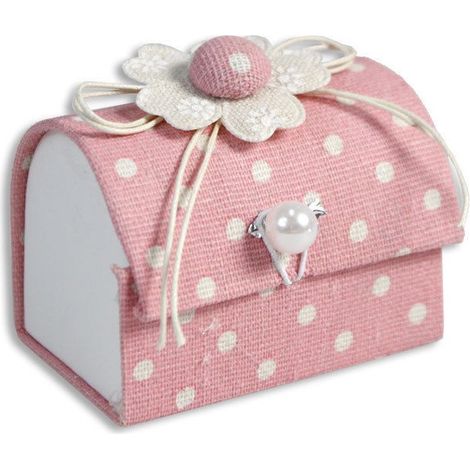 TrAdE Shop Traesio - 12 Scatolina Baule In Tessuto Porta Confetti Bomboniera Nascita Battesimo Rosa - (1/2)