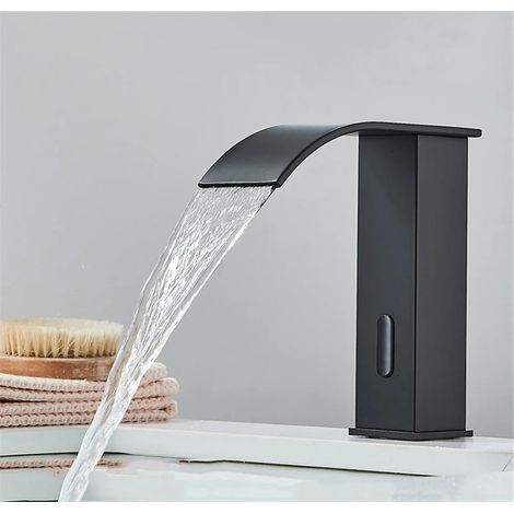Automatischer Waschtischarmatur mit Sensor, schwarz, Mischbatterie aus Messing für Warm- und Kaltwasser, mit Wasserfall-Kranbrücke (1/5)