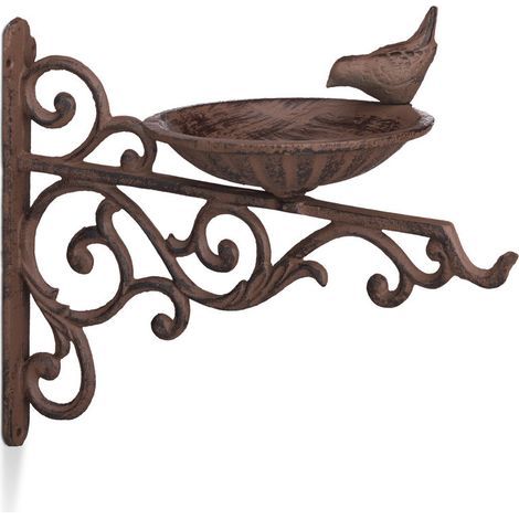 Abreuvoir En Fonte Mangeoire Oiseaux Jardin Équerre Mural Porte Bain Oiseaux Déco Hxlxp: 24X28X14 Cm, Marron (1/4)
