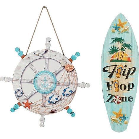 Deux décorations murales sur le thème de la mer, un volant de planche de surf en bois, pour salle de bain, salon, buanderie, salle de bain, spa, toilettes. (1/5)