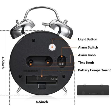 Sveglia Analogica Silenziosa 4 Pollici, con Illuminazione Notturna, Doppio Campanello, Ideale per Camera da Letto e Comodino (Nera) (1/2)