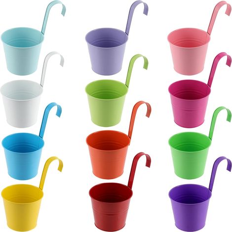Lot de 12 pots de fleurs à suspendre en métal avec crochet amovible, pour clôture, balustrade, balcon, décoration de jardin, 12 couleurs (1/5)